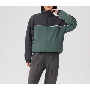 Stylish‎ Two-Tone Windbreaker Jacket Green Gray Zip-Up Sporty Outerwear